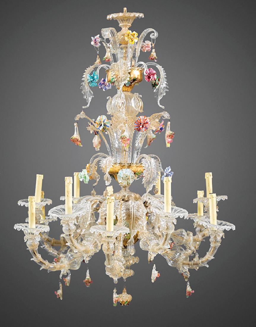 Murano Glass Twelve-Light Chandelier: Murano Glass Twelve-Light Chandelier, c. 1920s, clear and gilt glass standard, clear glass arms, multi-colored flowers and leaves, electrified, h. 53 in., dia. 42 in. Provenance: Estate of Faith K. Ti