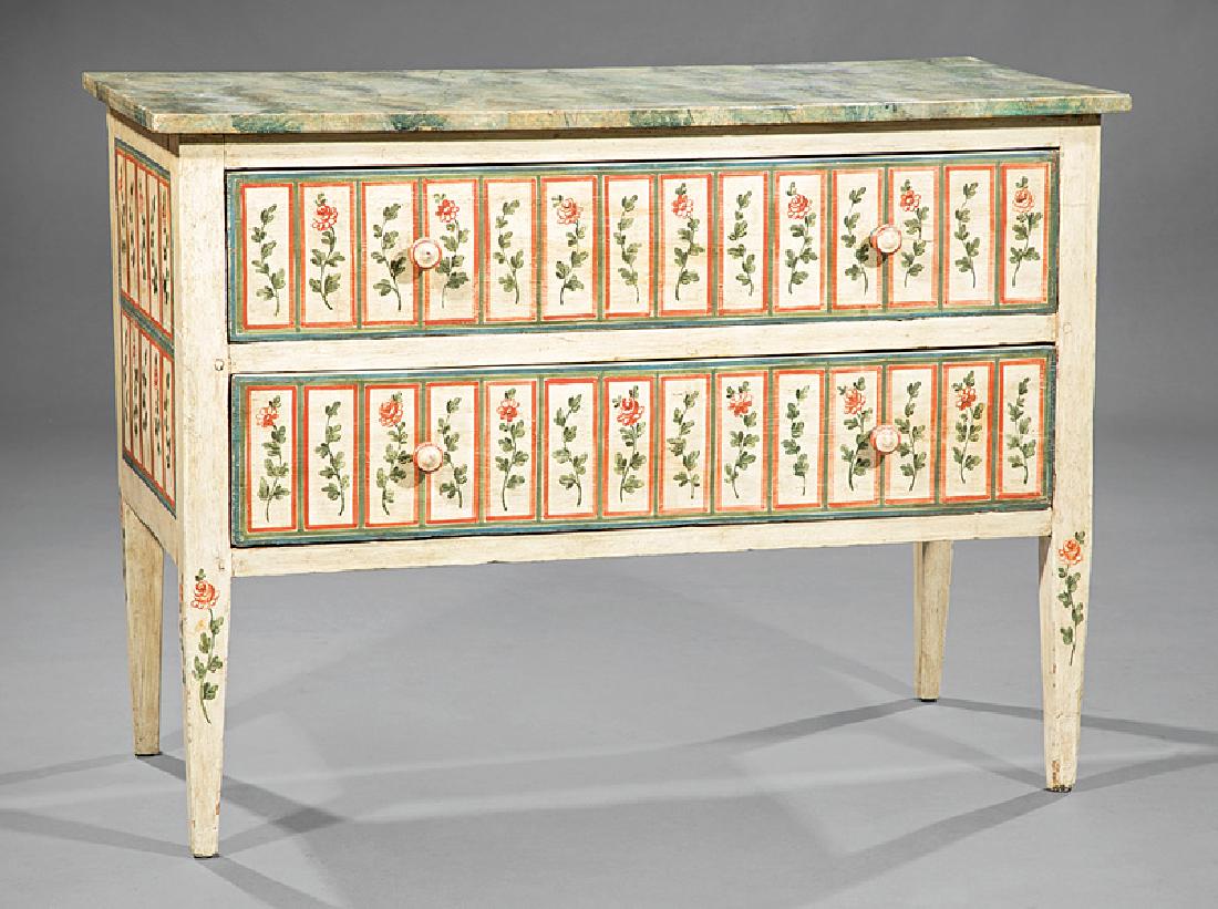 Italian Neoclassical-Style Polychrome Commode: Antique Italian Neoclassical-Style Polychromed Commode, faux marbre top, two drawers painted with floral motifs, tapered legs, h. 33 in., w. 44 1/2 in., d. 20 1/2 in