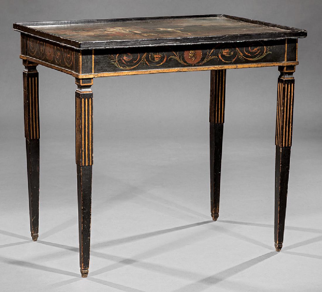 Polychromed and Parcel Gilt Tray Top Table: Antique English Polychromed and Parcel Gilt Tray Top Table, top painted with a cottage scene, classical frieze, tapered legs, h. 30 in., w. 32 in., d. 23 in
