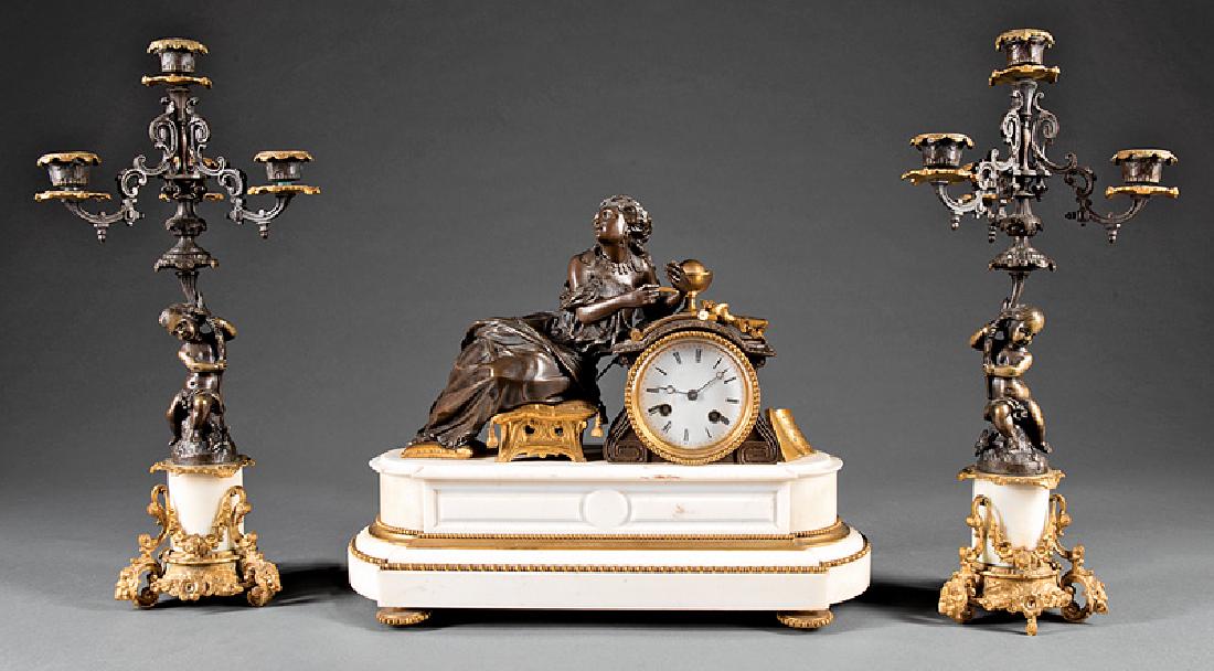 Gilt, Patinated Bronze, Marble Clock Garniture: Napoleon III Gilt and Patinated Bronze and Marble Three-Piece Figural Clock Garniture, 19th c., clock with figure emblematic of Science, reclining with her attributes; conforming four-light candelabra
