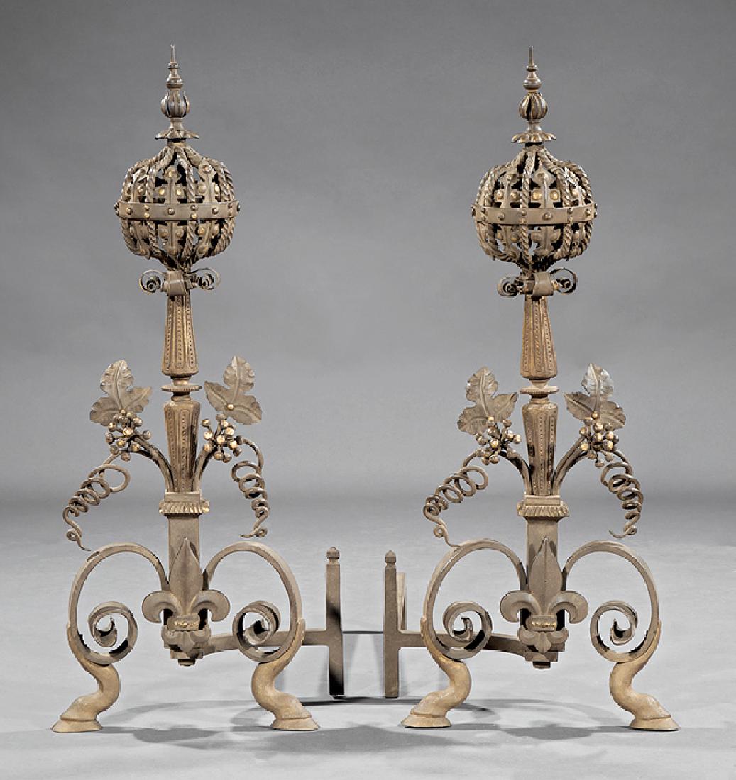 Wrought Iron and Patinated Bronze Andirons: Pair of French Wrought Iron and Patinated Bronze Andirons, 19th c., orb finial, scrolled legs, hoof feet, centered by a fleur-de-lis, h. 33 1/2 in., w. 14 in., d. 25 in