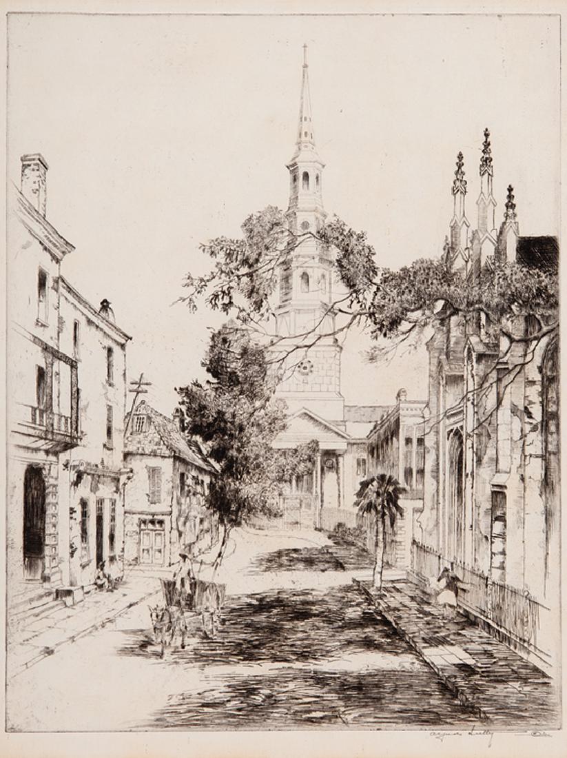 Alfred Heber Hutty (American/Charleston, 1877): Alfred Heber Hutty (American/Charleston, 1877-1954), "Charleston Spires", etching laid on board, pencil-signed, titled and "ed. 75" lower margin, 12 7/8 in. x 10 in., framed