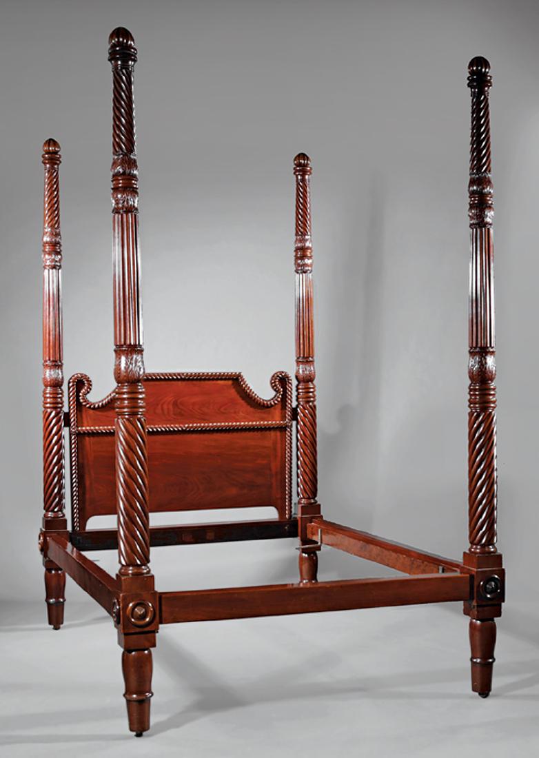 West Indies Carved Mahogany Tall Post Bedstead: West Indies Carved Mahogany Tall Post Bedstead, acanthus-carved reeded and spiral-turned posts, melon finials, rope-molded paneled headboard, tall turned feet, h. 97 in., l. 78 in., w. 51 3/4 in
