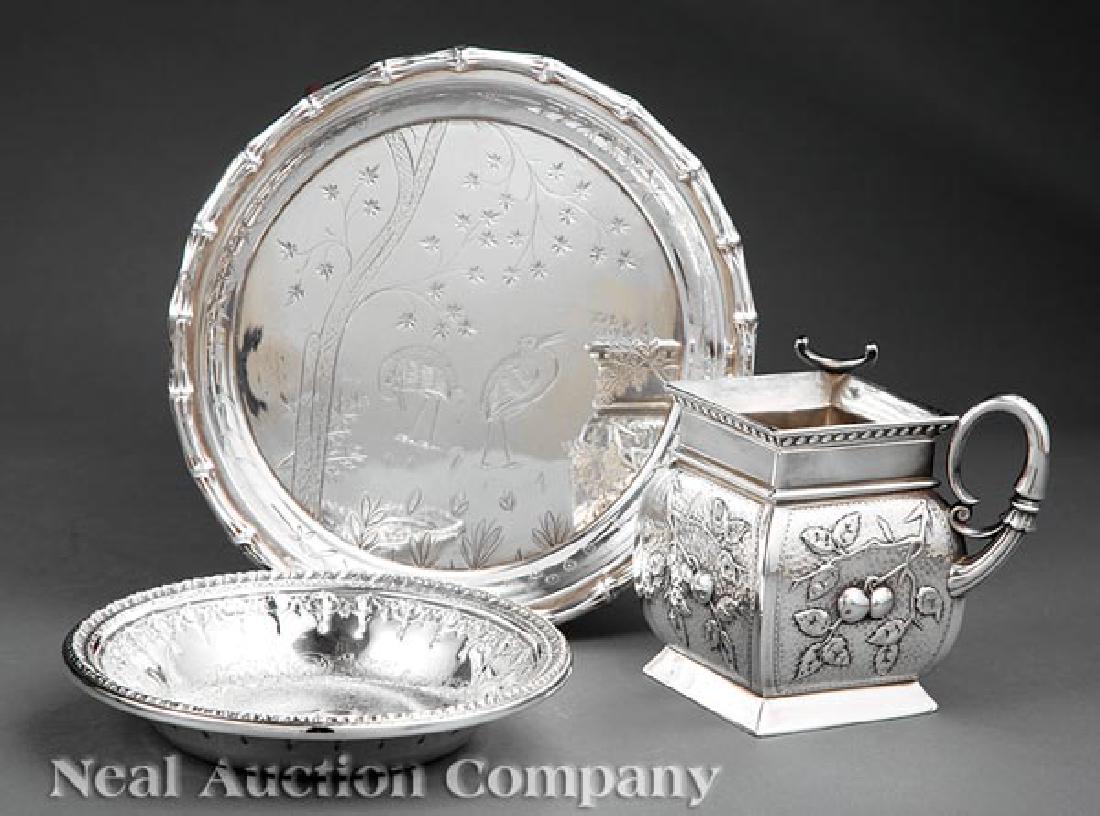 Antique and Vintage Silverplate Items: Good Group of Antique and Vintage Silverplate, incl. English Aesthetic Movement circular tray, dia. 8 in.; cased fish serving fork and knife, case l. 13 3/8 in.; American Aesthetic tea/sugar bowl, h.