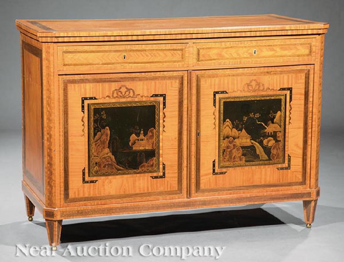 Antique Edwardian Inlaid Satinwood Cabinet: Antique Edwardian Inlaid Satinwood Cabinet, c. 1901, shaped hinged top converts to a two-tiered shelf, chamfered stiles, two frieze drawers over doors with Chinoiserie panels, shelf interior, tapered 