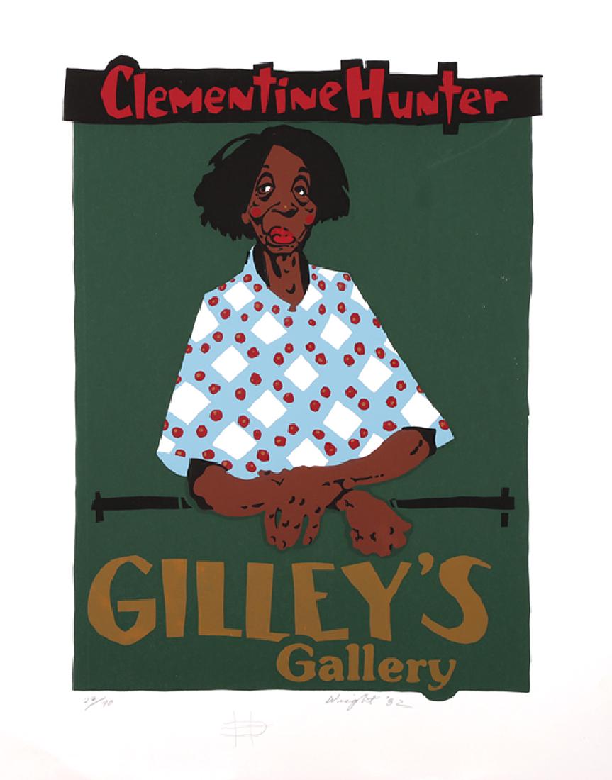 Don Wright (American/Louisiana, 1938-2007): Don Wright (American/Louisiana, 1938-2007), "Clementine Hunter - Gilley's Gallery", 1982, color screen print, pencil-signed, dated, numbered "22/90" and pencil-monogrammed by Clementine Hunter lower m