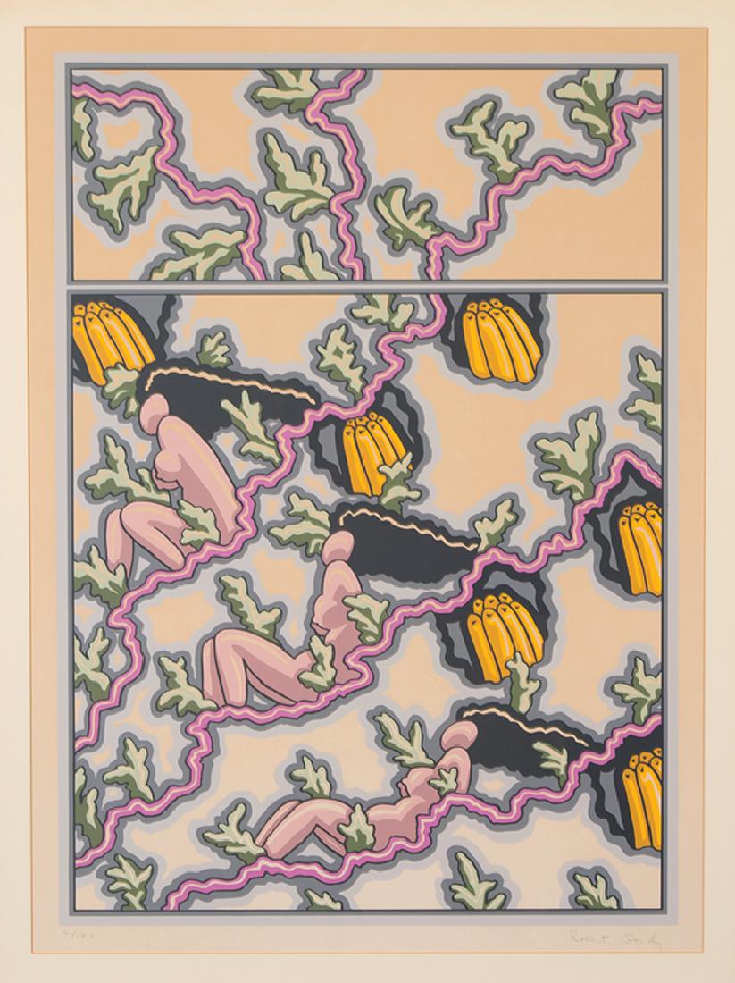 Robert Gordy (American/Louisiana, 1933-1986): Robert Gordy (American/Louisiana, 1933-1986), "Golden Days", 1970, silkscreen, pencil-signed and numbered "8/100" lower margin., sight 28 in. x 20 in., framed