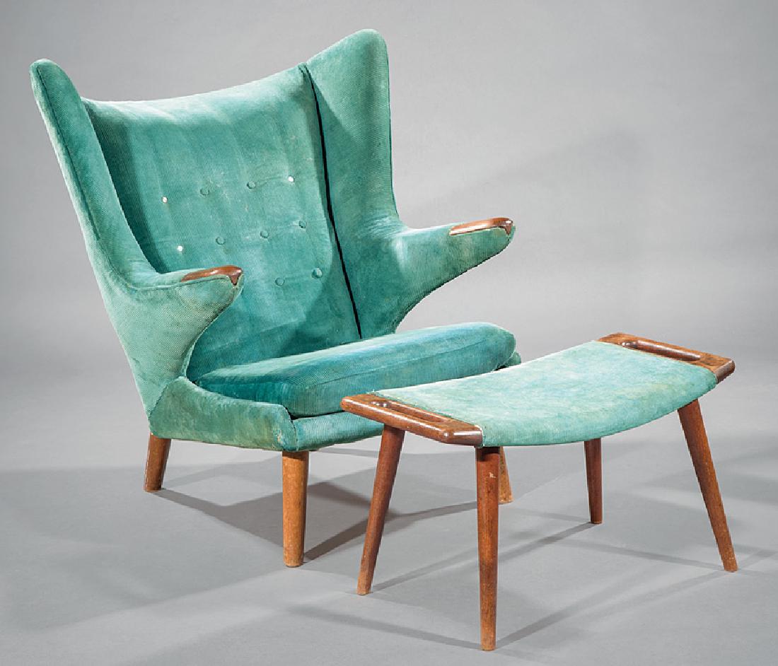Hans Wegner Papa Bear Chair and Ottoman: Hans Wegner Papa Bear Chair and Ottoman, c. 1965, A.P. Stolen, Denmark, Danish Control tag to underside of ottoman, teak and upholstery, chair h. 38 1/2 in., w. 35 in., d. 32 in., ottoman h. 15 1/2 in