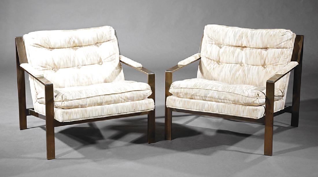 Pair of Cy Mann Lounge Chairs: Pair of Cy Mann Lounge Chairs, padded backs and arms, chrome frame, h. 26 3/4 in., w. 29 1/4 in., d. 32 in