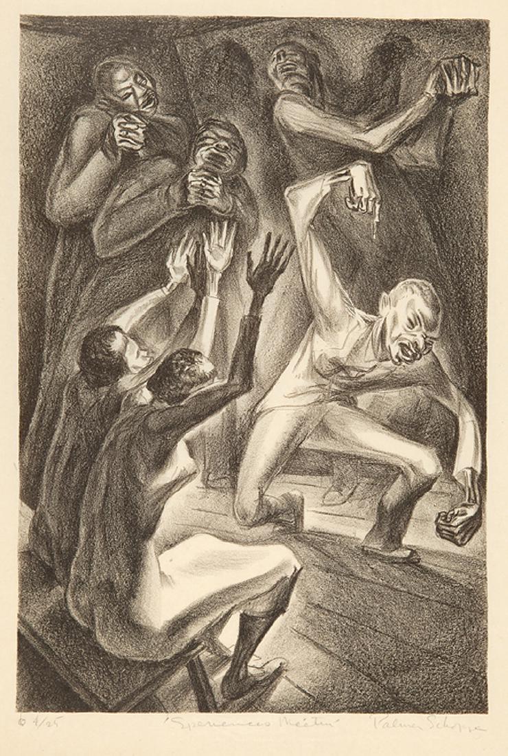 Palmer Schoppe (American/California, 1912): Palmer Schoppe (American/California, 1912-2001), "'Speriences Meetin'", lithograph, pencil-signed, titled and numbered "4/25" lower margin, 13 in. x 9 3/4 in., matted