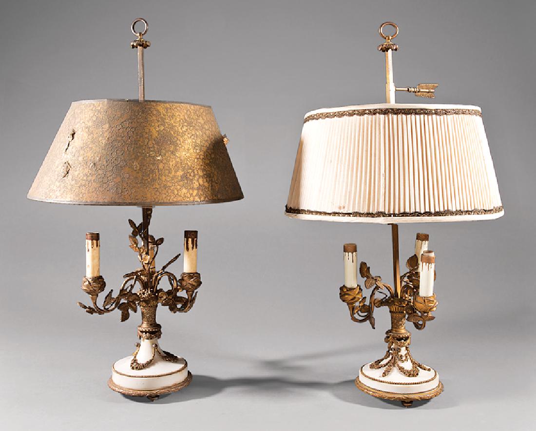 Beaux Arts Bronze and Marble Bouillotte Lamps: Near Pair of Beaux Arts Bronze and Marble Three-Light Bouillotte Lamps, 19th c., floral basket standard, garland-mounted bases, electrified, h. 27 in