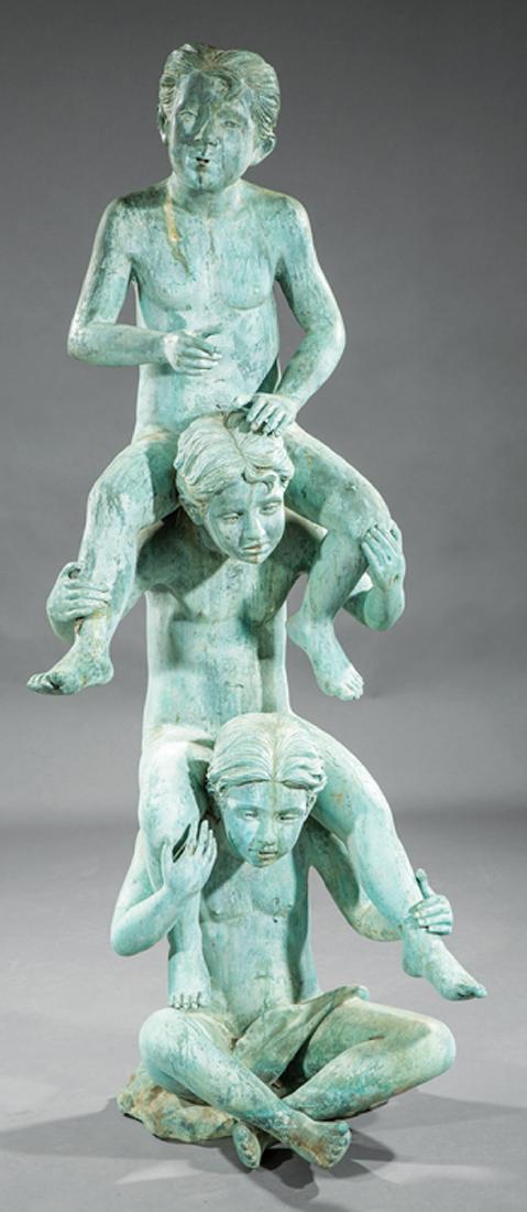 Verdigris Patinated Bronze Figural Fountain: Verdigris Patinated Bronze Figural Fountain, modeled as three youths straddling one another, intrinsic base illegibly inscribed, h. 65 in., w. 26 in., d. 25 1/2 in