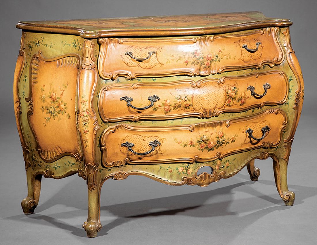 Venetian Carved and Painted Bombé Commode: Venetian Rococo-Style Carved and Painted Bombé Commode, shaped top, conforming case with three drawers, reticulated apron, cabriole legs, scrolled toes, h. 34 in., w. 51 in., d. 23 in