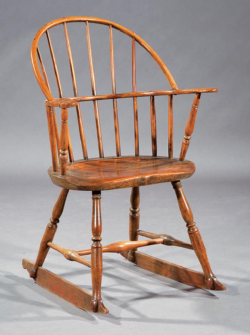 Mixed Woods Rocking Chair, "Wigglesworth": Mixed Woods Windsor Rocking Chair, late 18th/early 19th c., base incised "W.WIGGLESWORTH", arched crest rail, shaped arms and seat, turned legs, shaped stretchers and rocker base, h. 37 1/4 in., w. 24