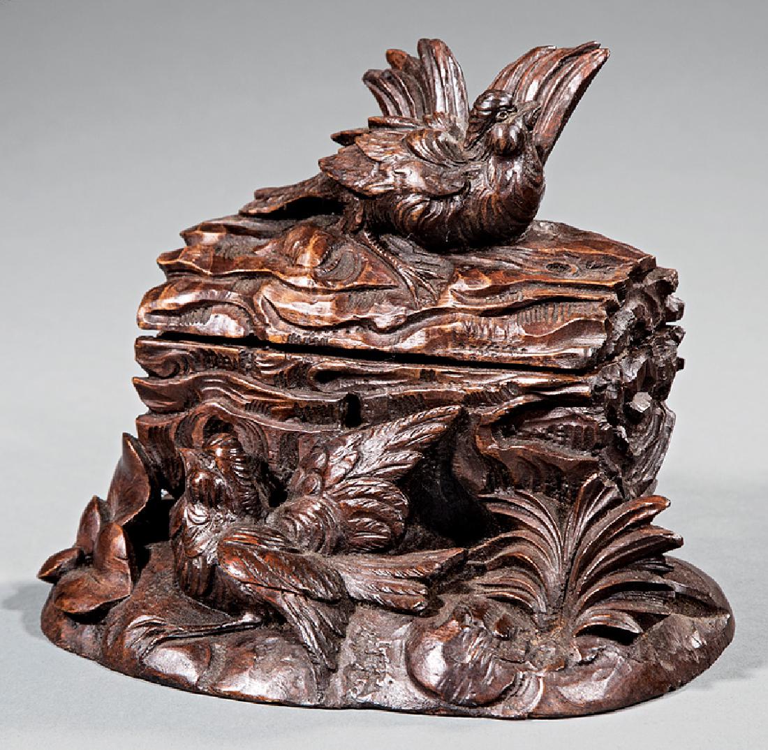 Black Forest Carved Walnut Box: Antique Black Forest Carved Walnut Box, 19th c., carved as a log with birds and foliage, h. 5 3/4 in., w. 7 in., d. 5 in