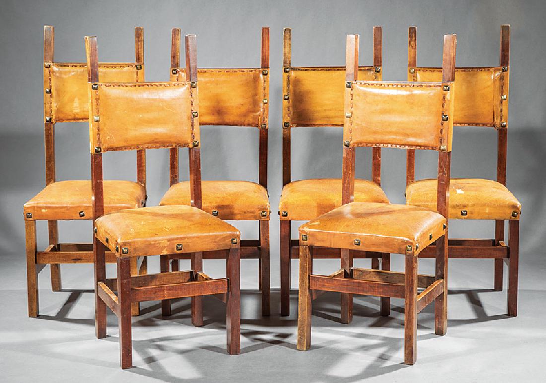 Six Spanish Colonial-Style Side Chairs: Six Antique Spanish Colonial-Style Side Chairs, early 20th c., finialed stiles, leather backs and seats, square legs, stretchers, h. 45 in., w. 17 in., d. 18 in