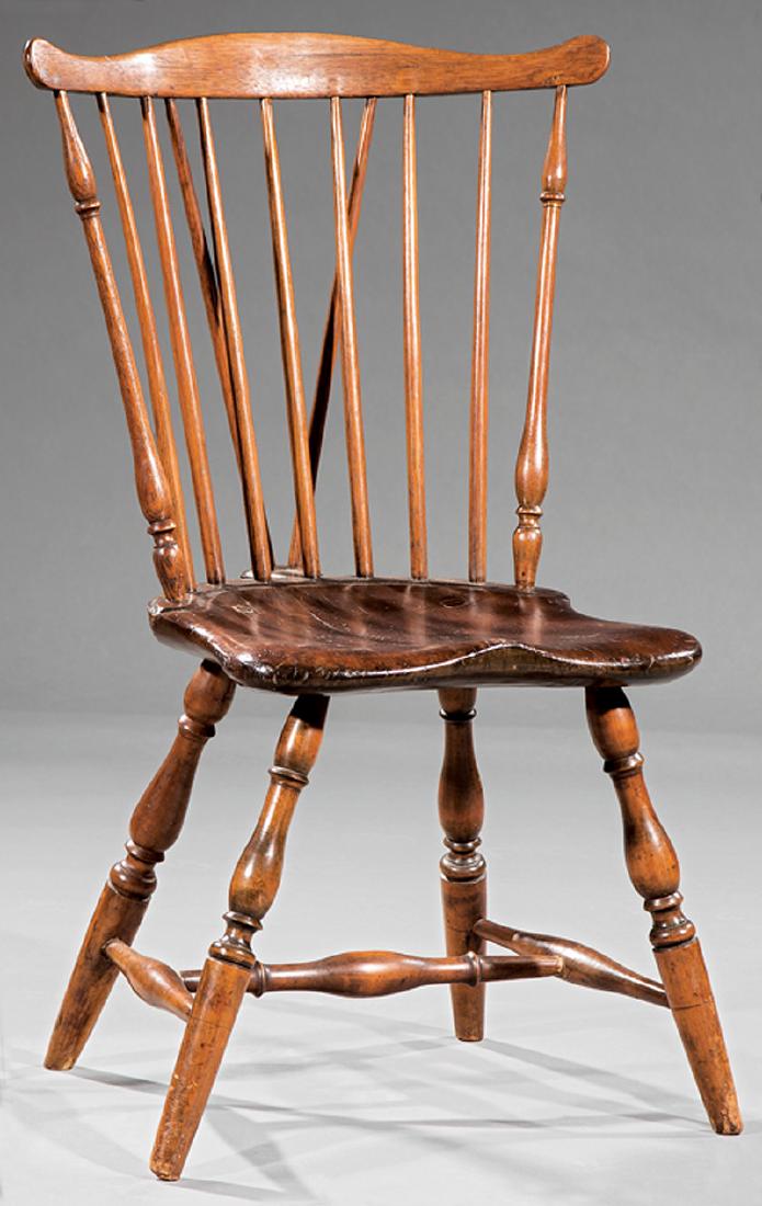 Carved Hardwood Braceback Windsor Chair: Antique American Federal Carved Hardwood Braceback Windsor Chair, probably 18th c., shaped incurvate crest rail, turned spindle back, shaped saddle seat, turned splayed legs, turned H stretcher, h. 37