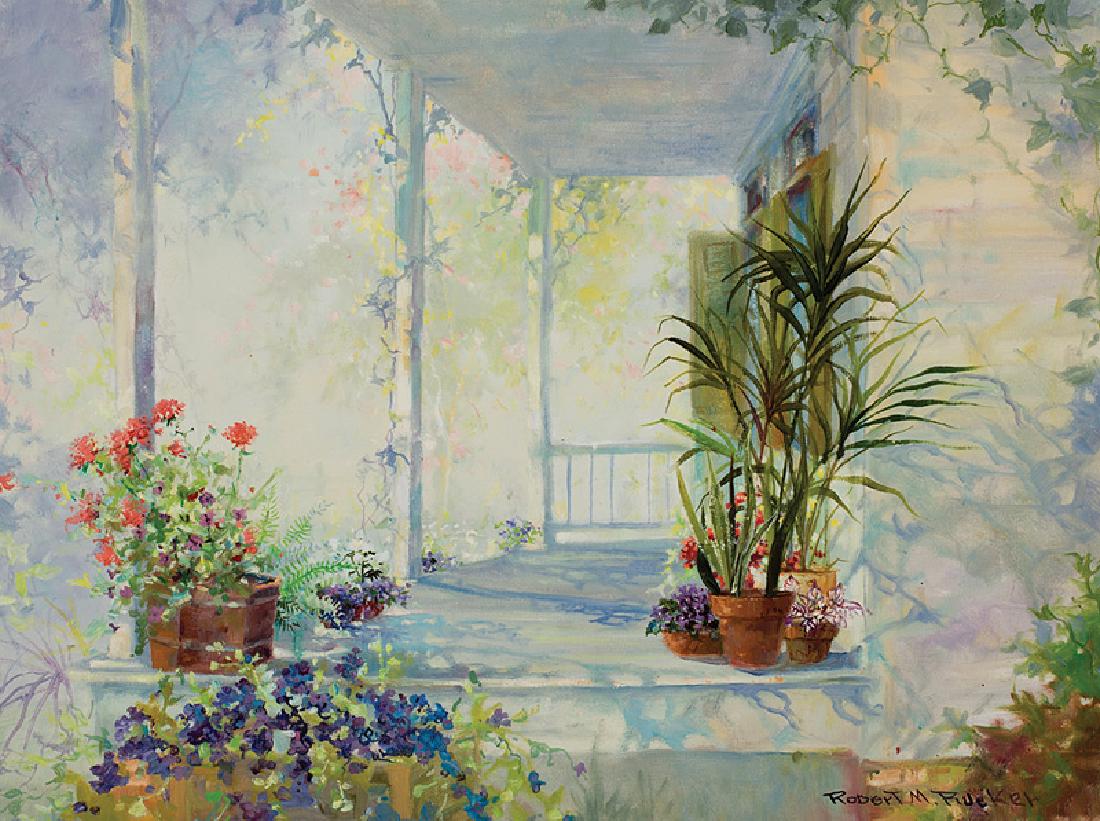 Robert Malcolm Rucker (American/Louisiana): Robert Malcolm Rucker (American/Louisiana, 1932-2001), "Light-Filled Porch", oil on canvas, signed lower right, 18 in. x 24 in., unframed