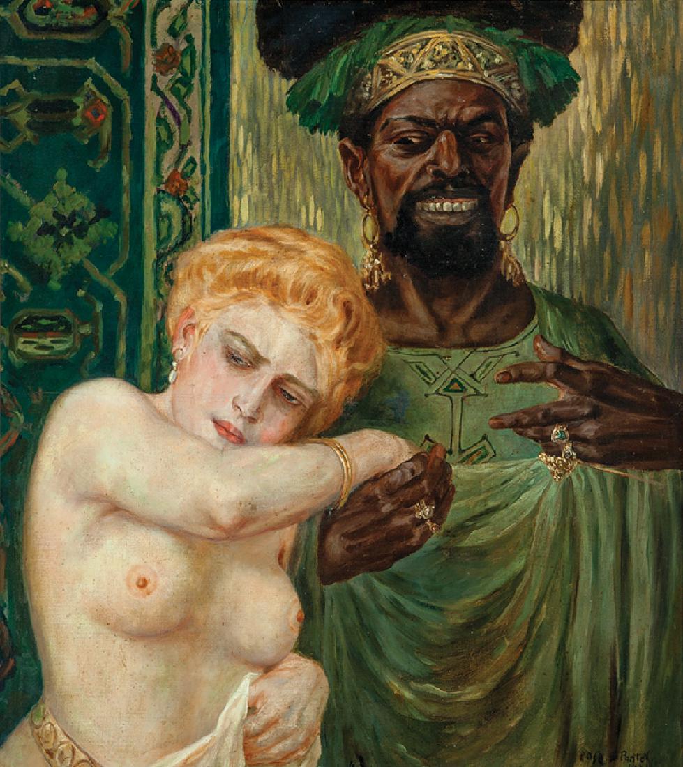 Continental School, 1914: Continental School, 1914, "Harem Scene", oil on board, indistinctly signed and dated lower right, 24 in. x 22 in., framed