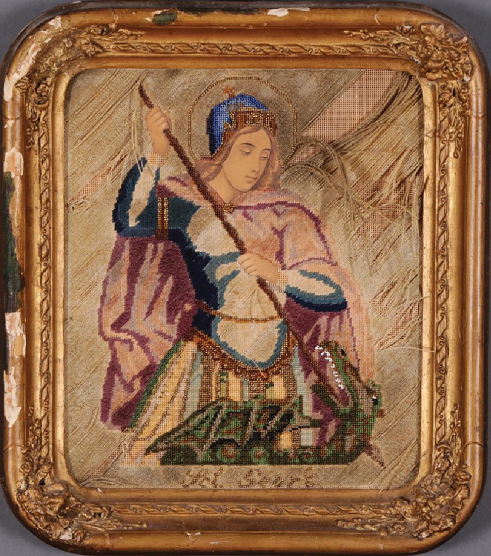 Six American Samplers: Six American Samplers, 19th c.; TOGETHER WITH a needlepoint of St. George, from 11 in. x 8 in. to 16 in. x 11 in., all unframed