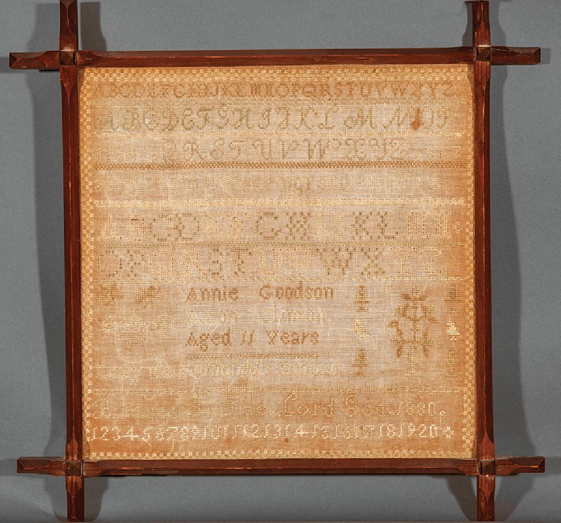 Five American Framed Samplers: Five American Framed Samplers, 19th c.; TOGETHER WITH a needlepoint memento mori, from 11 in. x 10 in. to 15 in. x 15 in