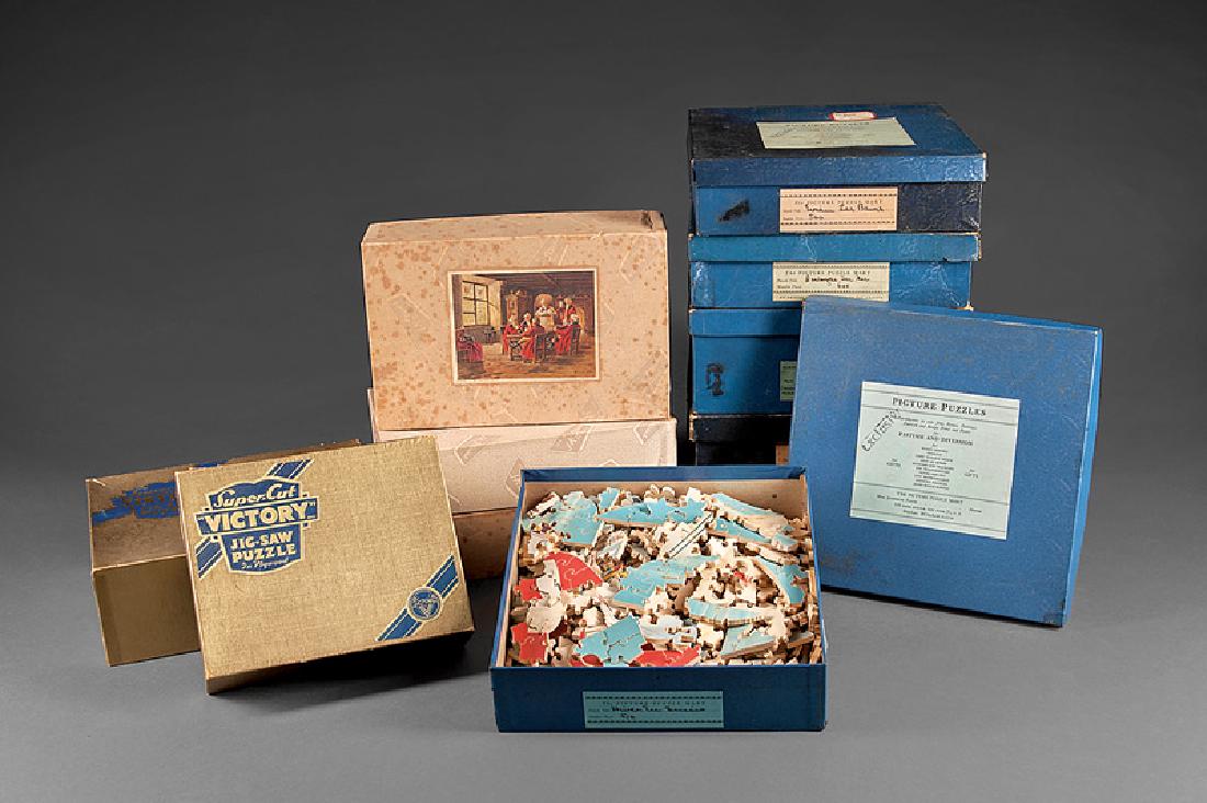 Eleven Vintage Wood Jigsaw Puzzles: Eleven Vintage Wood Jigsaw Puzzles, c. 1940s-1950s, incl. six by The Picture Puzzle Mart; three by J.K. Strauss; and two by Super-Cut "Victory", all boxed
