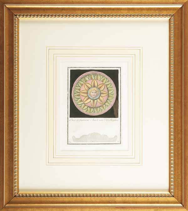 Set of Eight Engravings by Antonini: A Set of Eight Hand-Colored Engravings of Architectural Rosettes , c. 1837, by Antonini, Rome, the rosettes shown in full and side views, 8 in. x 6 in * NO RETURNS ARE ACCEPTED ON THE BASIS OF CONDITI