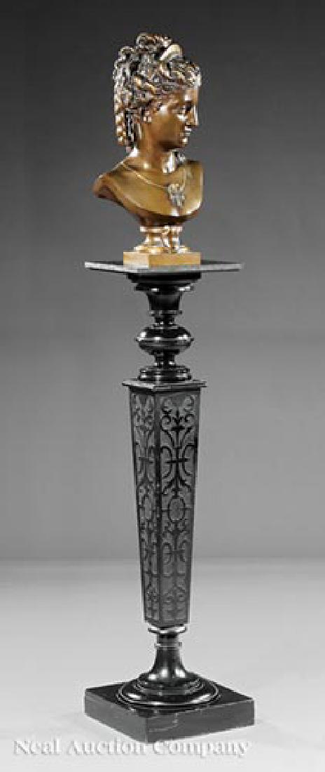 Eugene-Antoine Aizelin (French, 1821-1902): Eugene-Antoine Aizelin (French, 1821-1902), "Bust of Diana", 1870, bronze, inscribed "E. Aizelin" and dated with foundry "F. Barbedienne, founder" stamp, h. 22 in., with antique ebonized pedestal, ove