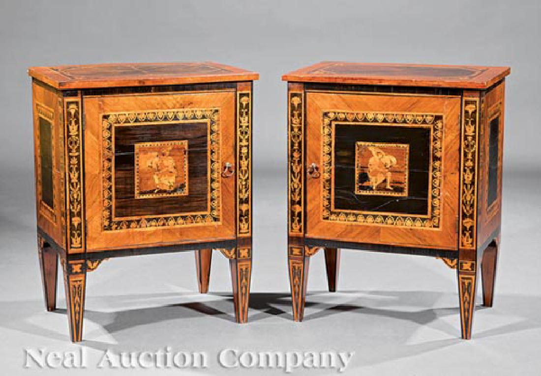 Italian Parquetry and Marquetry Petite Commodes: Pair of Antique Italian Parquetry and Marquetry Petite Commodes, each with single door, square tapered legs and neoclassical decoration throughout, h. 28 in., w. 22 1/2 in., d. 15 in. Provenance: Karl