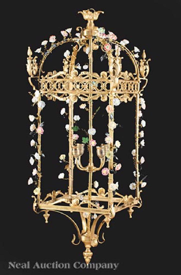 French Porcelain-Mounted Bronze Hall Lantern: French Porcelain-Mounted Bronze Hall Lantern, cage-form, foliate finials, allover mounted with polychrome porcelain flowers, fitted for electricity, h. 48 in., w. 19 in., d. 19 in