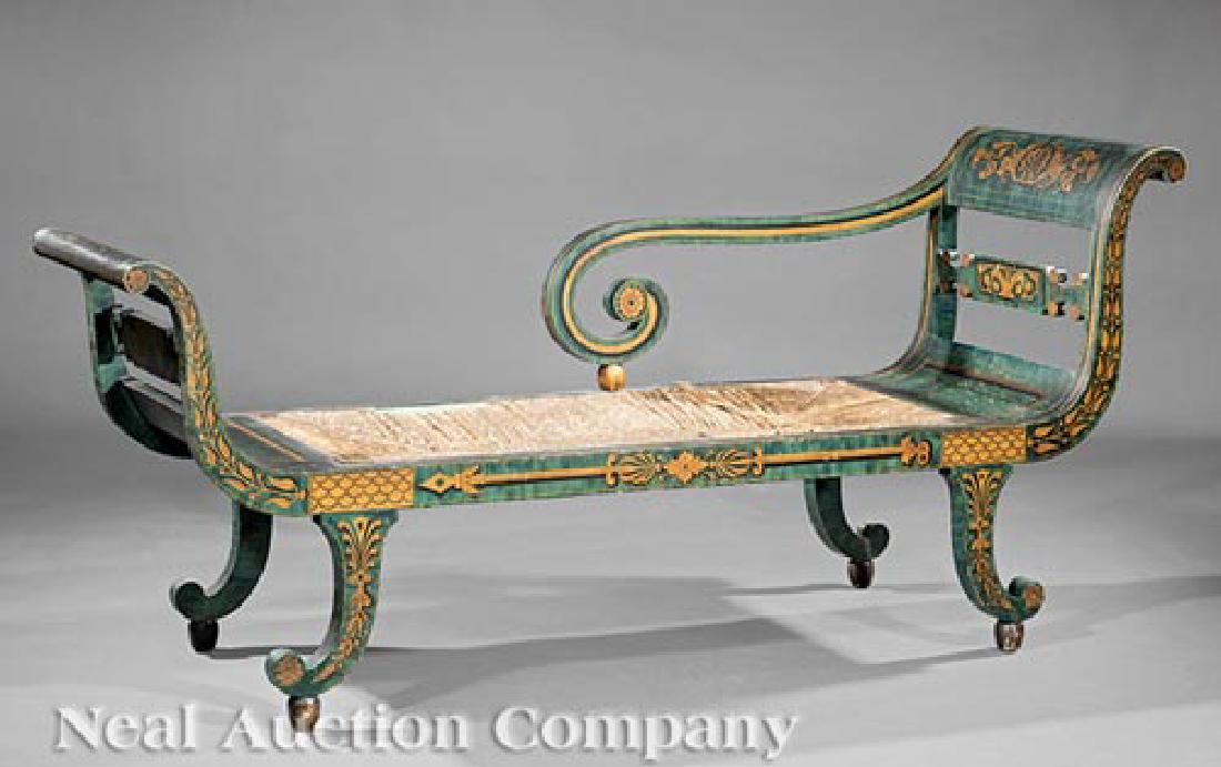 American Classical Fancy-Painted Grecian Sofa: American Classical Fancy-Painted Grecian Sofa, early 19th c., New York, outscrolled arms centered by tablet splats, old rush seat, saber legs on spherule feet; the whole with a striated aquamarine gro