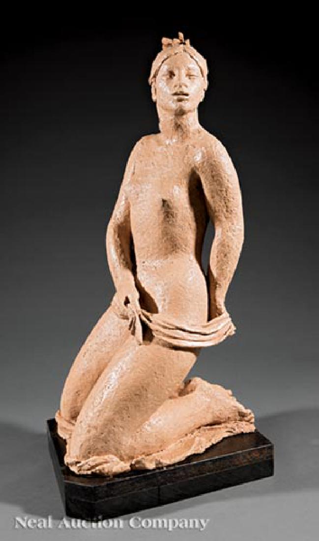 Enrique Alferez (American/New Orleans, 1901-1999): Enrique Alferez (American/New Orleans, 1901-1999), "Kneeling Nude", terracotta, unsigned, h. 27 in., wood base, overall h. 29 1/4 in. Note: Enrique Alferez’ classic and iconic Art Deco style punctua