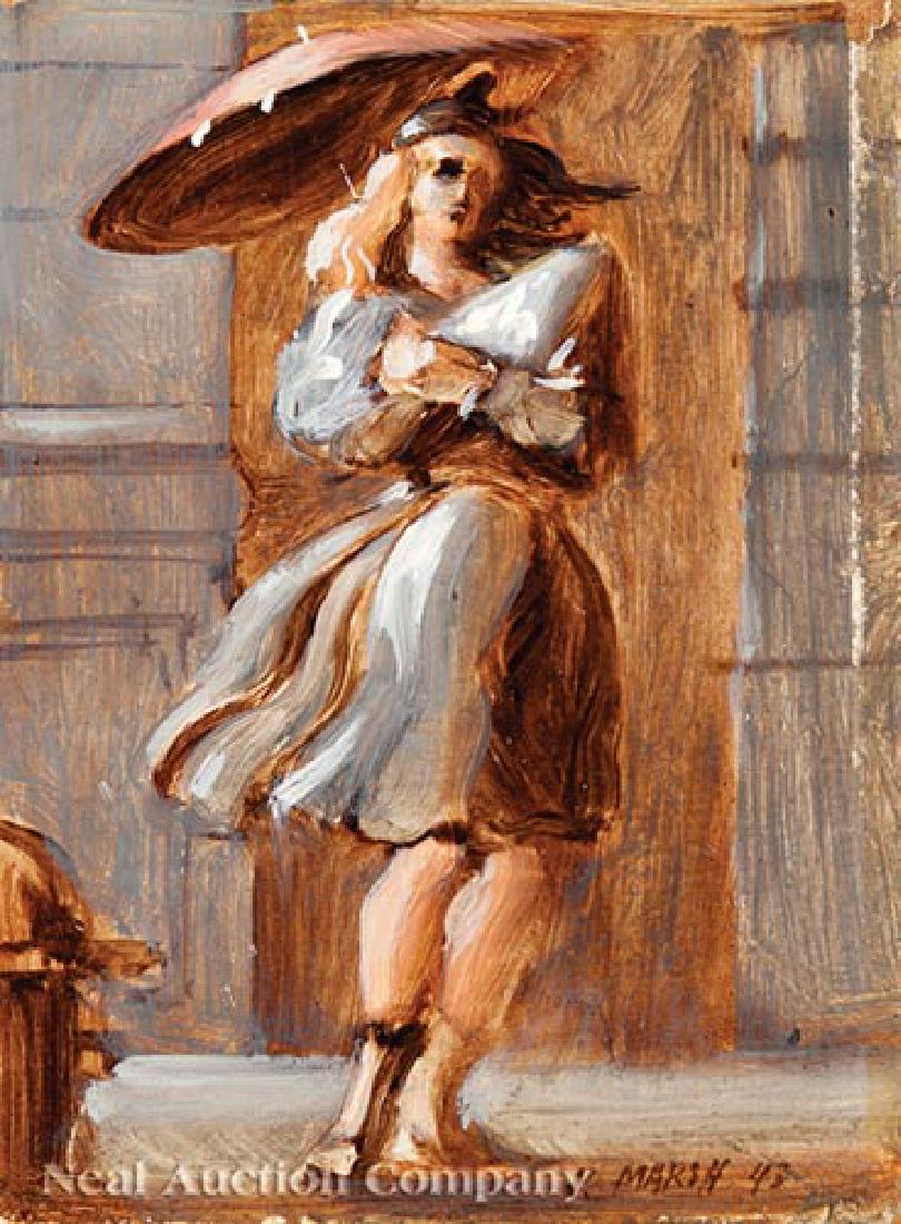 Reginald Marsh (American, 1898-1954): Reginald Marsh (American, 1898-1954), "Untitled (Woman in Red Dress)", 1942 and "Untitled (Woman in Gray Dress)", 1943, 2 oils on board, each signed and dated lower right, 6 1/4 in. x 5 in. and 6 in.