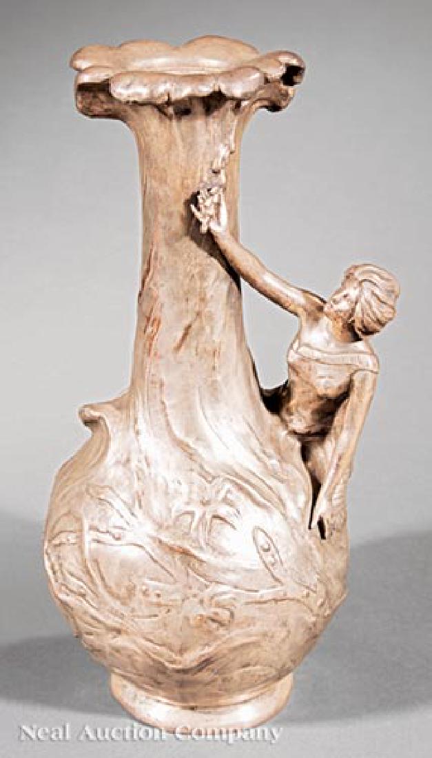 French Art Nouveau Pewter Figural Vase: French Art Nouveau Pewter Figural Vase, c. 1890, cast as a mermaid and waterspout, signed "J. Garnier" (French, 1820-1895), h. 14 3/4 in., w. 7 1/2 in., d.6 in