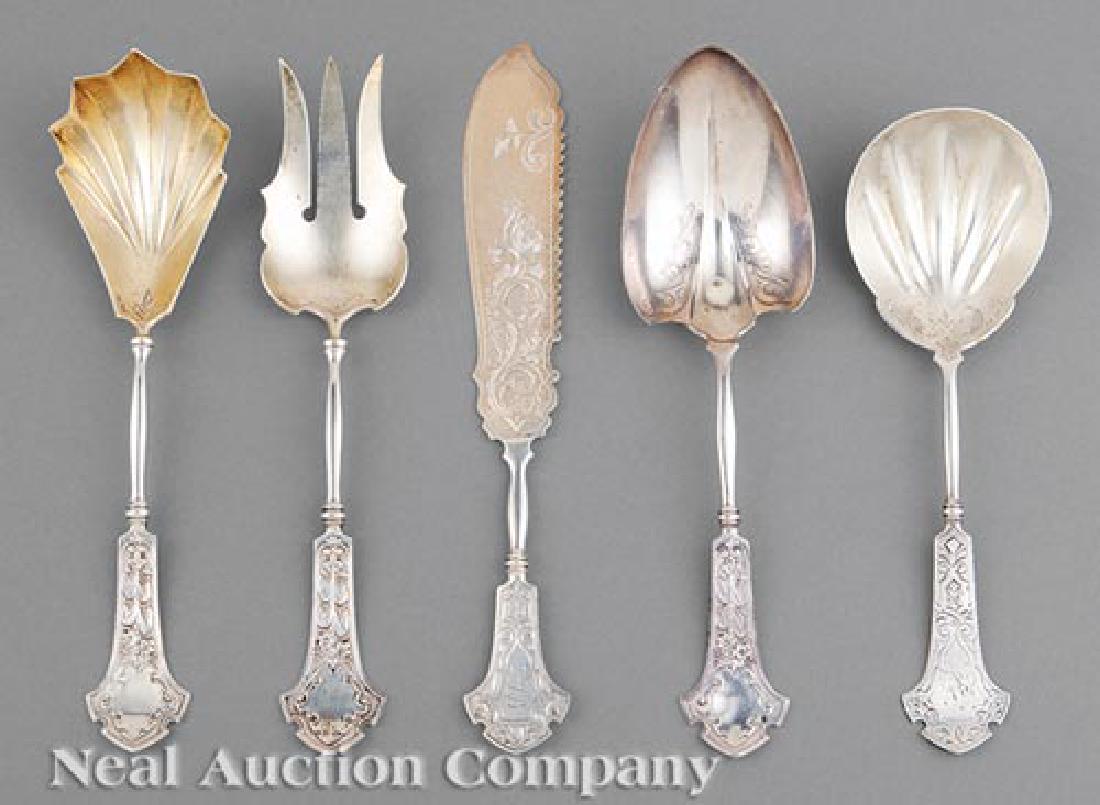 Koehler & Ritter Coin Silver Serving Pieces: Good Group of San Francisco Coin Silver Serving Pieces, Koehler & Ritter, act. 1867-1884, "Berkeley/Alhambra" pattern, incl. salad serving fork and spoon, vegetable serving spoon, berry spoon and cake