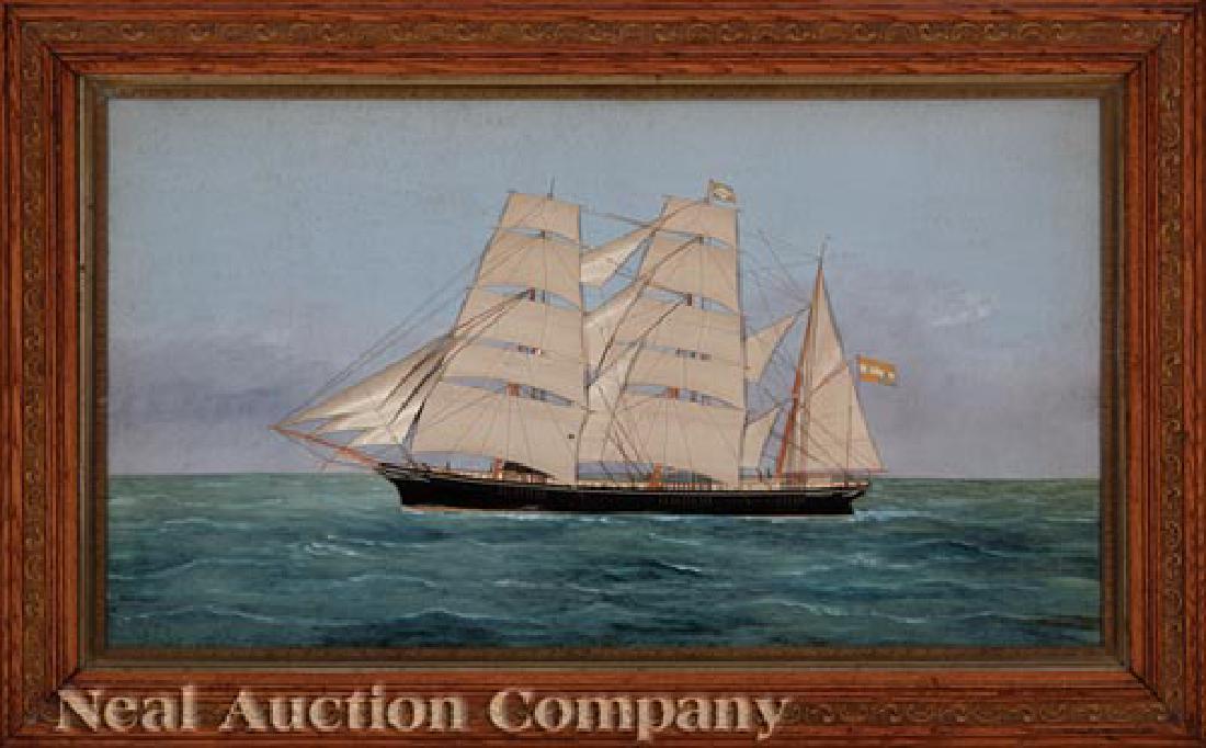 Thomas Willis (American, 1850-1925): Thomas Willis (American, 1850-1925), "Three-Masted Ship Rachele", oil on canvas with silk and embroidery, unsigned, 20 in. x 36 in., period frame