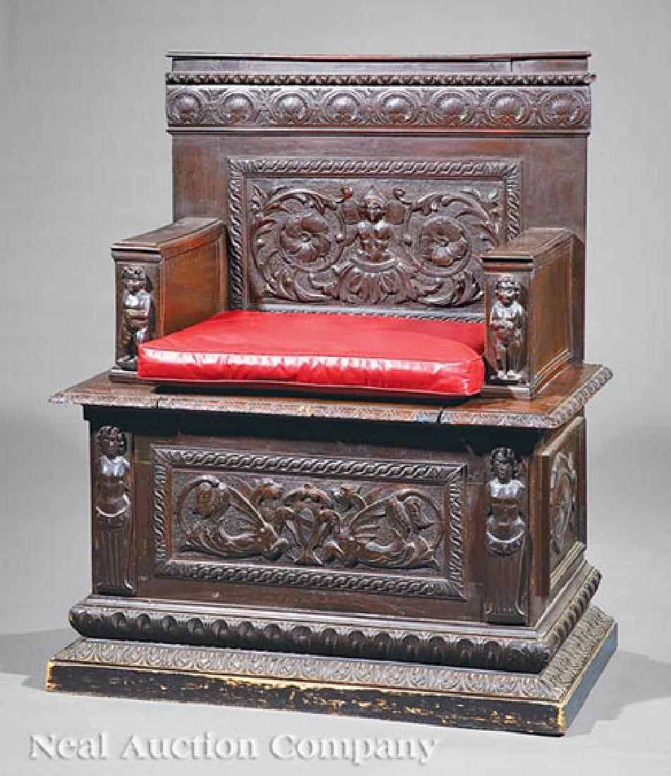 Renaissance-Style Carved Hall Chair: Renaissance-Style Carved Hall Chair, early 20th c., shell-carved back, relief-carved figural panel, putto carved arms, lift seat, conforming paneled base, old dark surface, h. 47 in., w. 38 1/2 in., d