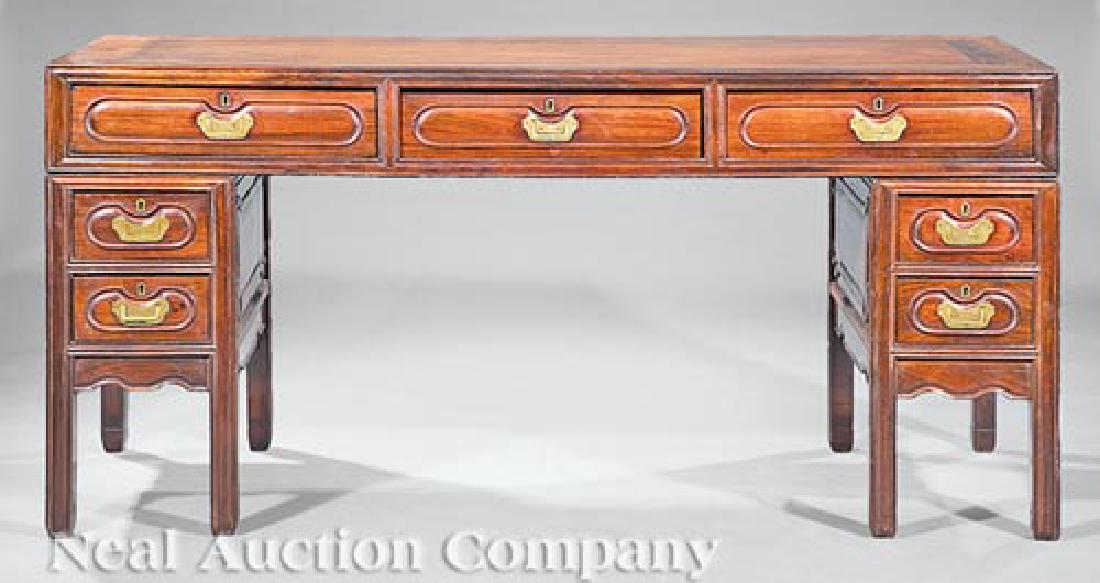 Chinese Hardwood Three-Part Pedestal Desk: Chinese Hardwood Three-Part Pedestal Desk, early 20th c., rectangular paneled top above frieze of three drawers supported on two drawer pedestals framed by square molded legs, h. 31 in., w. 65 1/2 in.