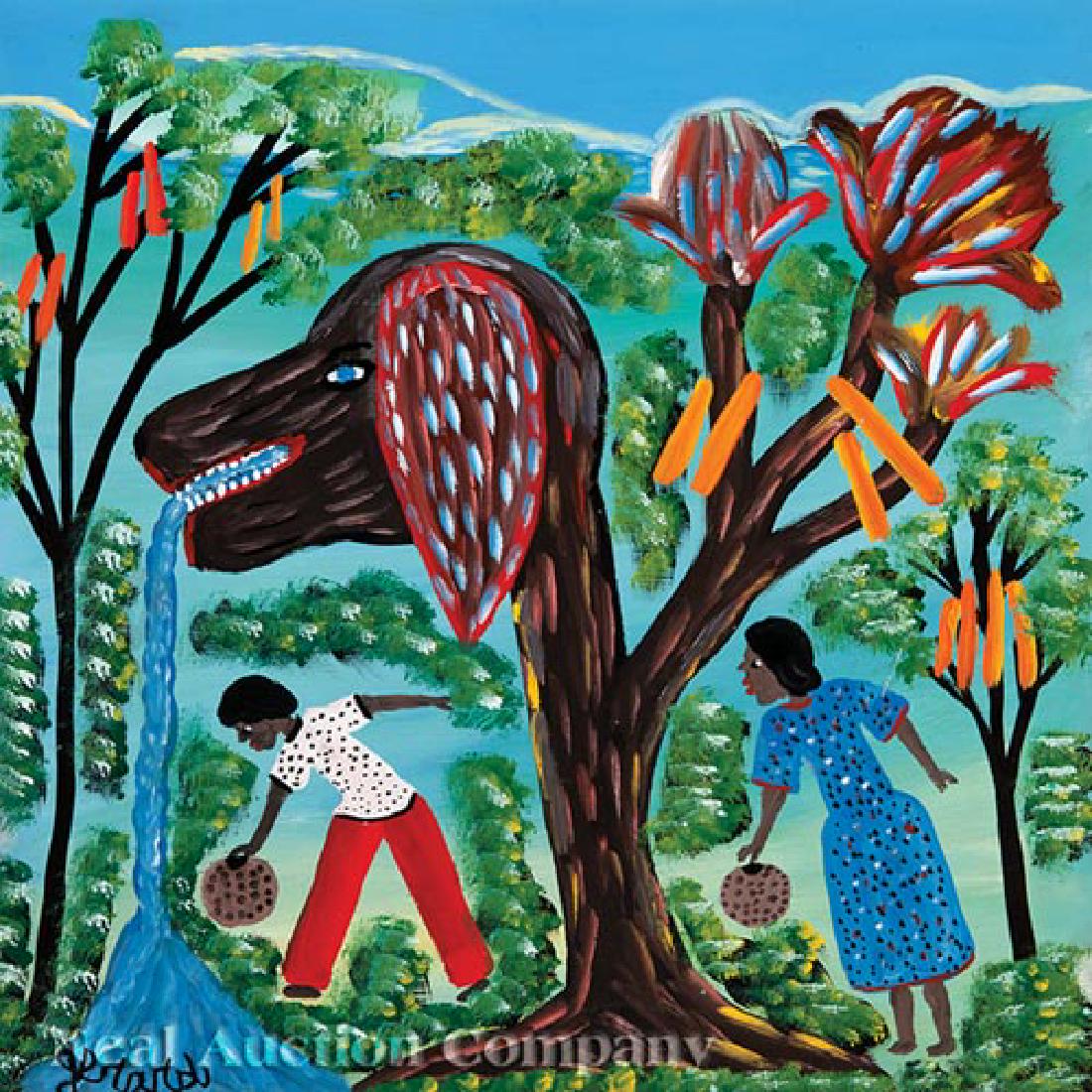 Gerard Fortune (Haitian, b. 1930s): Gerard Fortune (Haitian, b. 1930s), "Drawing Water from the Dog Tree", oil on masonite, signed lower left, 24 in. x 24 in., framed. Provenance: Finley Collection