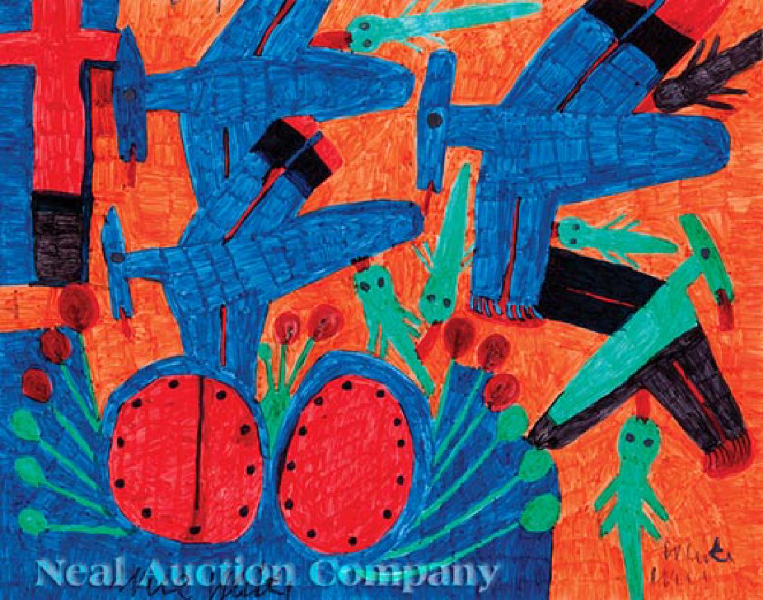 Willie White (American/Louisiana, 1908-2000): Willie White (American/Louisiana, 1908-2000), "Blue Birds and Watermelon", marker on paper, signed lower right, 22 in. x 28 in., framed. Provenance: Gilley's Gallery, Baton Rouge, LA; Finley Collectio