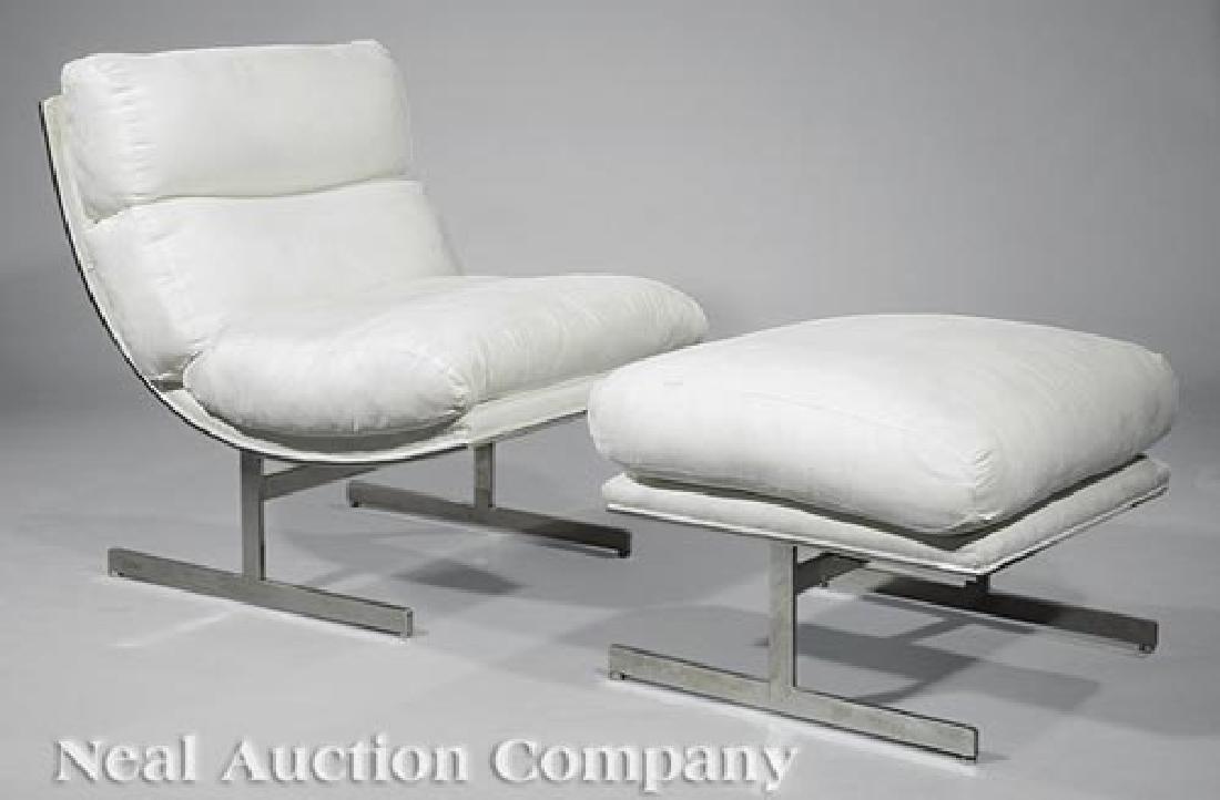 Kipp Stewart Directional Lounge Chair and Ottoman: Kipp Stewart (b. 1928) for Directional Chromed Steel and Upholstered Lounge Chair and Ottoman, c. 1970s, later white "suede" upholstery, chair h. 34 1/2 in., w. 27 3/4 in., d. 35 1/2 in.; ottoman h. 2
