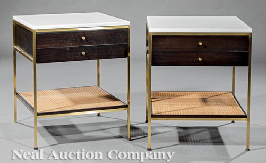 Calvin Glass, Mahogany, Brass, Caned End Tables: Pair of Paul McCobb (1917-1969) for Calvin "Irwin Collection" White Glass, Mahogany, Brass and Caned End Tables/Night Stands, c. 1950s, Grand Rapids, MI, model #8714, with metal tags, two drawers, str