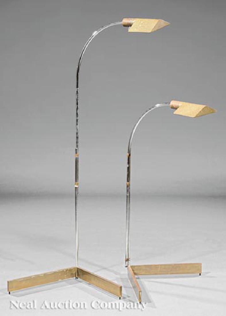 Cedric Hartma Brass and Steel Floor Lamps: Pair of Cedric Hartman (b. 1929) Brass and Steel Adjustable Floor Lamps, c. 1970s, Omaha, NE, stamped "Cedric Hartman" mark to bases, h. 36 in. to 50 in., w. 20 1/2 in., d. 19 in. Ill.: Read, Mimi. "A