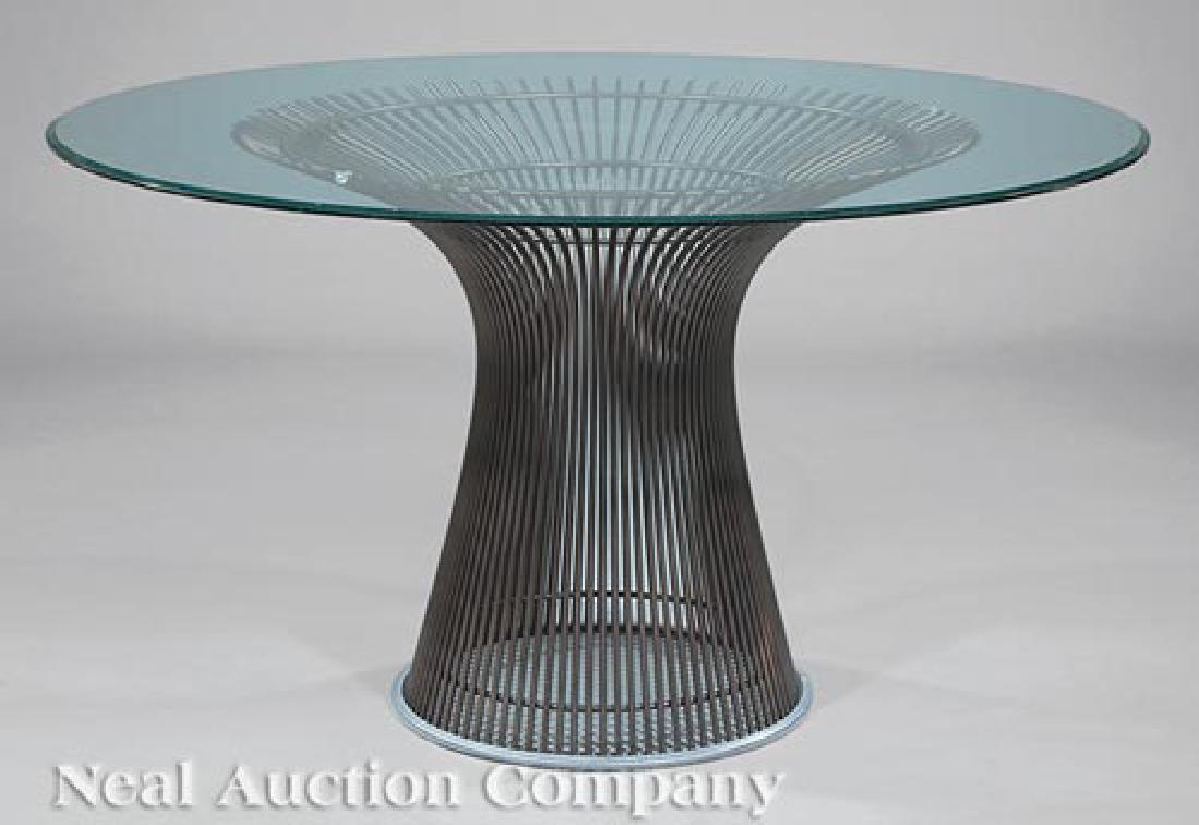 Knoll Bronzed Steel and Glass Dining Table: Warren Platner (1919-2006) for Knoll Bronzed Steel and Glass Dining Table, late 20th/21st c., designed 1966, beveled top, h. 27 1/2 in., dia. 50 in. Ill.: Read, Mimi. "A Historic Greek Revival Residen