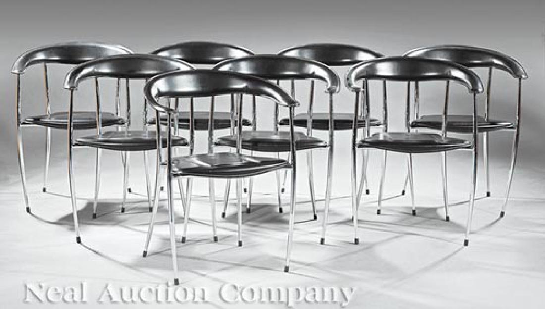 Eight Contemporary Leather and Chrome Armchairs: Eight Contemporary Leather and Chrome Armchairs, stamped "Arper, Italy", curved back and arms, rubber foot caps, h. 29 1/2 in., w. 22 1/2 in., d. 19 in., stackable