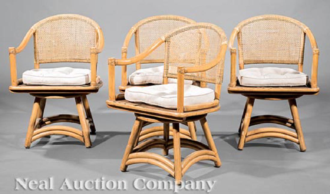 Mid-Century Ficks Reed Rattan Swivel Patio Chairs: Four Mid-Century Ficks Reed Rattan Swivel Patio Chairs, c. 1960s, labeled, cane back, h. 32 1/4 in., w. 22 1/4 in., d. 23 in