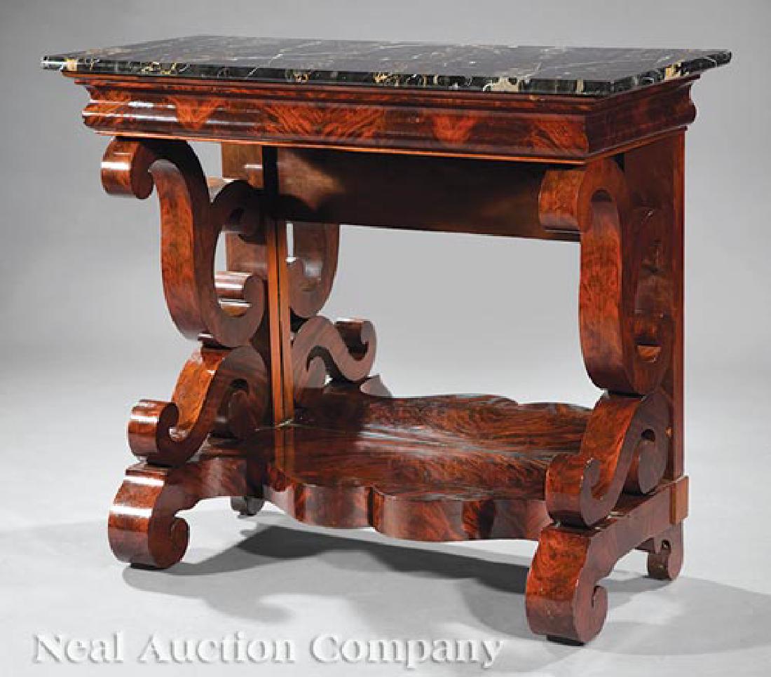 Late Classical Carved Mahogany Pier Table: American Late Classical Carved Mahogany Pier Table, c. 1835, marble top, ogee molded frieze, opposing S scrolled supports, shaped shelf and mirrored back, scrolled feet, h. 37 in., w. 43 in., d. 19 1/