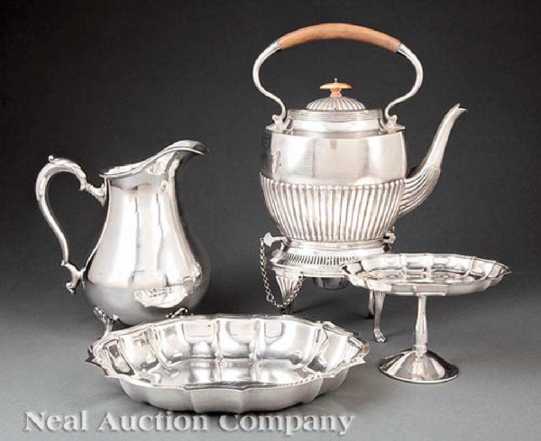 Group of Silverplate Table Objects: Group of Silverplate Table Objects, incl. Regency-style kettle-on-stand with burner, h. 14 1/4 in., water pitcher, h. 9 in., scalloped dish, scalloped compote and scalloped undertray