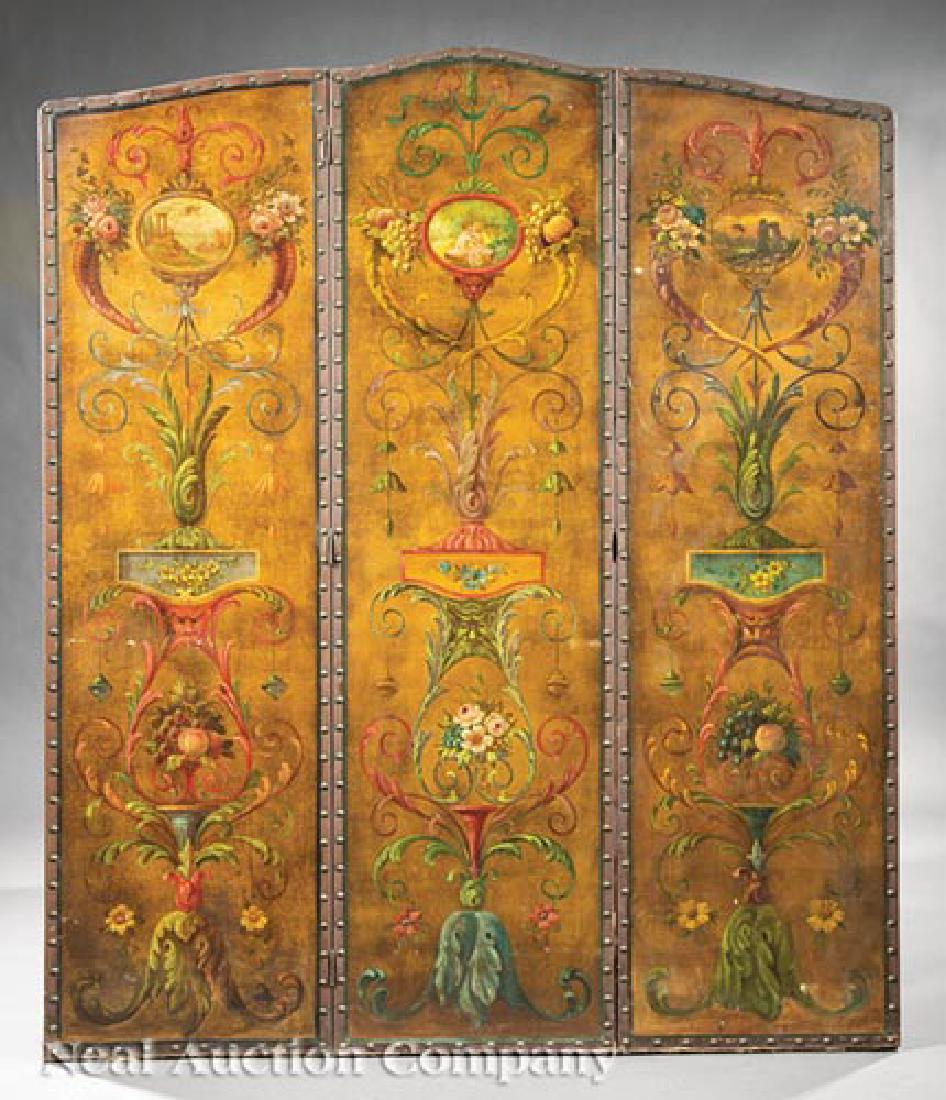 Polychrome Painted Leather Three Panel Screen: Antique Polychrome Painted Leather Three Panel Screen, Classical scenes with fruit and floral motifs, brass nailhead trim, h. 70 1/2 in., w. (extended) 80 in
