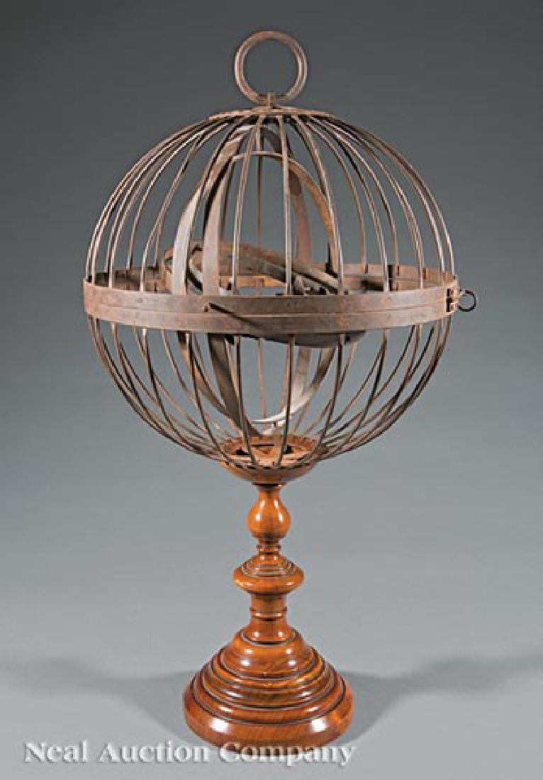 Iron Ship's Light: Antique Iron Ship's Light, gimbaled light, presented as an "armillary sphere", turned stand, h. 31 in., dia. 18 1/2 in